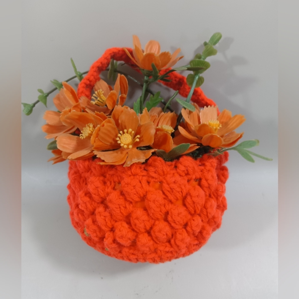 Vintage Kitchy Plastic Orange Flowers Crochet Basket Centerpiece Handmade